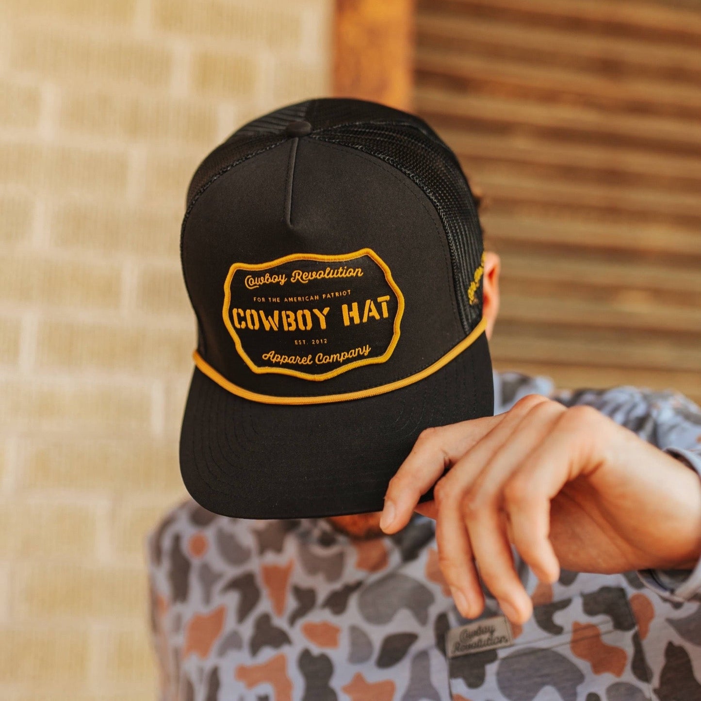 “Cowboy Hat” Patch Rope Trucker Hat - Black