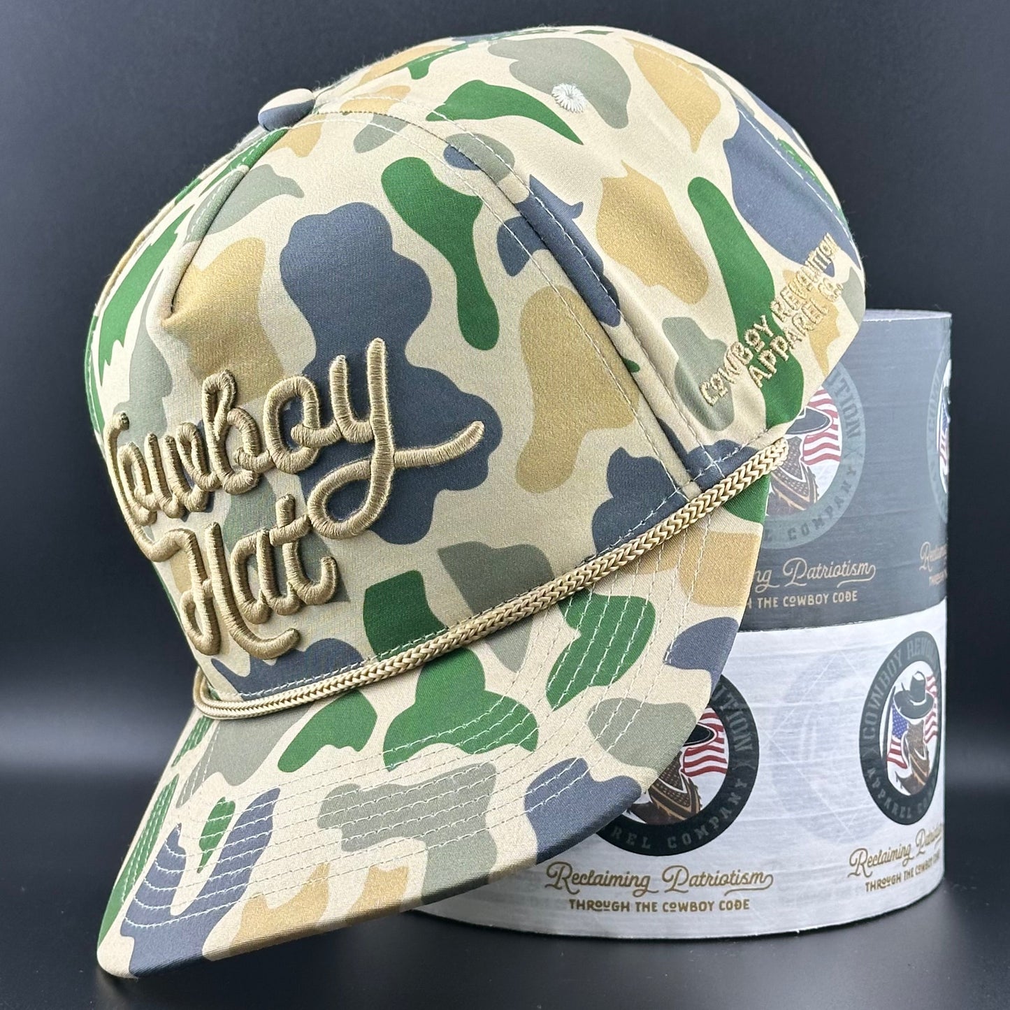 Duck Camo Script “Cowboy Hat” - 5-panel Trucker Hat