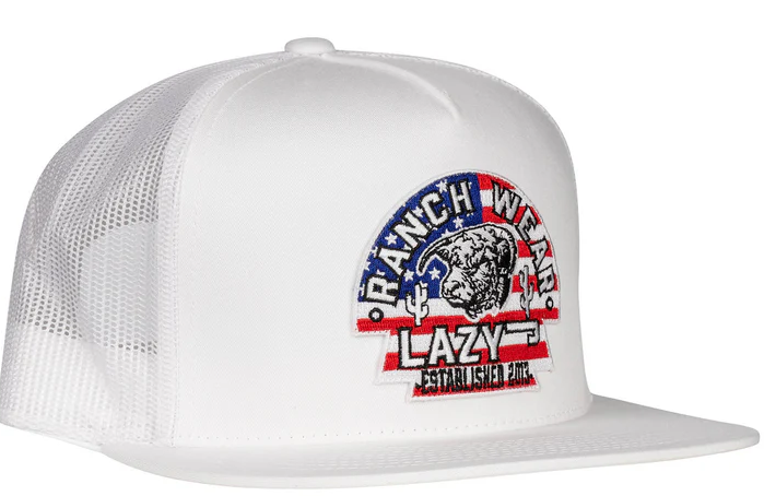 Lazy J White Trucker Hat Red, White & Blue Logo