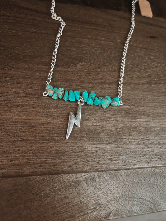 Turquoise Bar Chain w/Bolt Charm Necklace