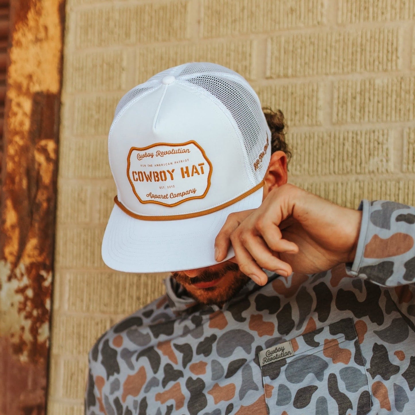 “Cowboy Hat” Patch Rope Trucker Hat - White