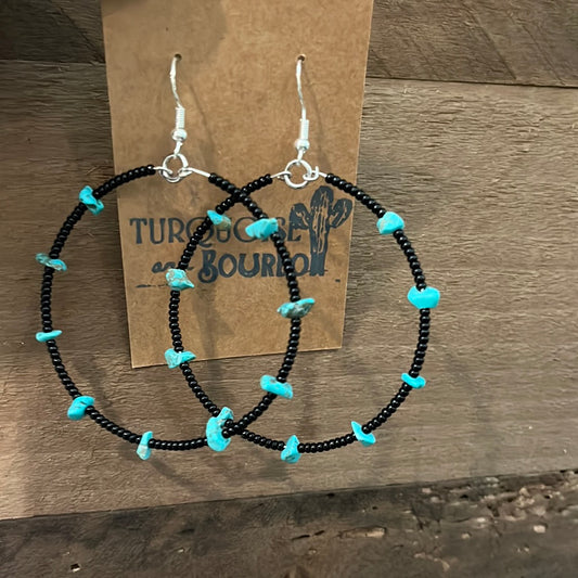 Beaded black & turquoise hoops