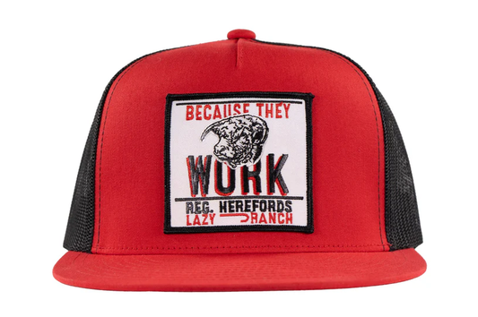 Lazy J Red Trucker Hat w/Work Logo